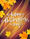 Vector thanksgiving greeting card with hand lettering label - happy thanksgiving day - and autumn realistic maple leaves