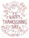 Vector thanksgiving illustration with turkey bird, vegetables, l