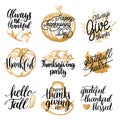 Vector Thanksgiving lettering with illustrations for invitations or festive greeting cards. Handwritten calligraphy set. Royalty Free Stock Photo