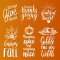 Vector Thanksgiving lettering with illustrations for invitations or festive greeting cards. Handwritten calligraphy set. Royalty Free Stock Photo