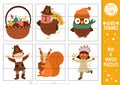 Vector Thanksgiving mix and match puzzle with pilgrim, turkey, owl, harvest, native American Indian. Matching autumn activity for