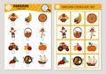 Vector Thanksgiving scavenger hunt cards set. Seek and find game with cute turkey, pumpkin, pilgrim for kids. Autumn Fall holiday