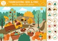 Vector Thanksgiving searching game with cute animals in the farm field. Spot hidden objects in the picture. Simple seek and find