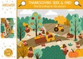 Vector Thanksgiving searching game with cute turkeys in the farm field. Spot hidden birds in the picture. Simple seek and find