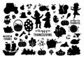 Vector Thanksgiving silhouettes set. Autumn black and white collection with cute turkey, pilgrims, pumpkins, forest animals. Fall