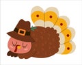 Vector Thanksgiving turkey in pilgrim hat. Autumn bird icon. Fall holiday sleeping animal with closed eyes isolated on white