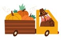Vector Thanksgiving Turkey In Pilgrim Hat Driving A Car With Pumpkins. Autumn Bird Icon. Fall Holiday Animal In A Truck Isolated