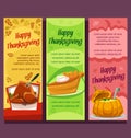 Vector thanksgiving vertical banner with autumn season dish pumpkin soup turkey and pie