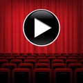Vector Theater background with red curtains, chairs and play symbol.