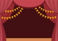 Vector theater or circus stage with red curtains, flags and place for text. Concert scene background. Flat hall decoration. Royalty Free Stock Photo