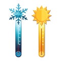 Vector thermometer in hot summer and cold winter weather. Flat icon with symbol sun and snowflake Royalty Free Stock Photo