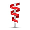 Vector thermometer with red ribbon for infographics. Medical healthcare concept with 3 options.