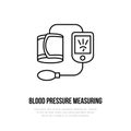 Vector thin line icon of blood pressure measurement. Hospital, clinic linear logo. Outline tonometer symbol, medical