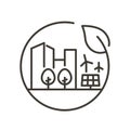 Vector thin line icon with city skyline, wind turbines, solar panel, sun, trees inside a circle with a leaf. Minimal outline