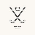 Vector thin line icon of hockey stick and puck. Winter recreation equipment rent logo. Outline symbol of ball. Cold Royalty Free Stock Photo