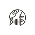 Vector thin line icon illustration with fishbone dead fish spine with planet earth. Minimal illustration representing health of