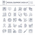 Vector thin line icon of medical equipment, research. Medical check-up, test elements - MRI, xray, glucometer, blood pressure, lab