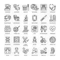 Vector thin line icon of medical equipment, research. Medical check-up, test elements - MRI, xray, glucometer, blood pressure, lab