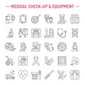 Vector thin line icon of medical equipment, research. Medical check-up, test elements - MRI, xray, glucometer, blood pressure, lab