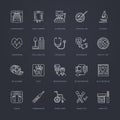 Vector thin line icon of medical equipment, research. Medical check-up, test elements - MRI, xray, glucometer, blood pressure, lab