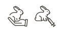 Vector thin line icon outline linear stroke illustration of a cute little rabbit in both a hand and with a syringe representing