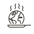 Vector thin line icon outline linear stroke illustration of a globe beeing cooked in a frying pan. Global warming concept