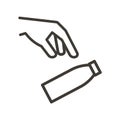 Vector thin line icon outline linear stroke illustration of hand throwing bottle into trash bin or into the floor, depending on Royalty Free Stock Photo