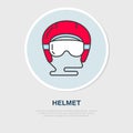 Vector thin line icon of ski helmet. Winter recreation equipment rent logo. Outline symbol of snowboard googles. Cold