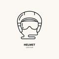 Vector thin line icon of ski helmet. Winter recreation equipment rent logo. Outline symbol of snowboard googles. Cold