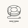 Vector thin line icon of snow tubing. Winter recreation equipment rent logo. Outline symbol, cold season activities sign