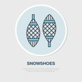 Vector thin line icon of snowshoes. Winter recreation equipment rent logo. Outline symbol of walking on snow. Cold