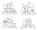 Vector thin line icon suburban american houses. Classic architecture civil building illustrations for infographic, web Royalty Free Stock Photo