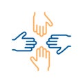 Vector thin line icons with 4 hands. Concept design for teamwork, success, charity, business, volunteers