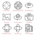 Vector thin line icons set with 360 Degree View and, Panorama tools and applications.