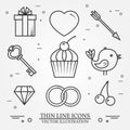 Vector thin line icons set for Saint Valentine's day and love th Royalty Free Stock Photo