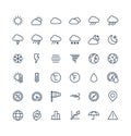 Vector thin line icons set with weather and meteo outline symbols.