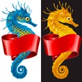 Vector Thorny Seahorse is Wrapped in Swirl Ribbon