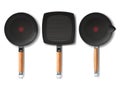 Vector three black frying pans of various shapes
