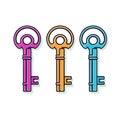 Vector of three flat vector icons of different colored keys on a clean white background Royalty Free Stock Photo