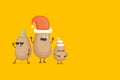 vector three friends kids potato characters with santa hats having fun isolated on orange background. Merry Christmas Royalty Free Stock Photo