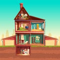 Vector cartoon multistorey house in cross section