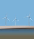 Vector with three windmills on a dike, with water in front of it and a blue sky in the background, the Netherlands Royalty Free Stock Photo