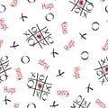 Vector Tic Tac Toe Hugs and Kisses in Red and Black on White Background Seamless Repeat Pattern. Background for textiles