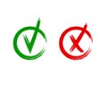 Vector Tick and Cross Icons, Grunge Scribble Lines Freehand Drawings, Green and Red Colored Signs.