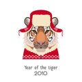 Vector Tiger head in new year, christmas red hat, pullover Royalty Free Stock Photo