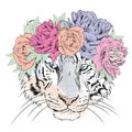 Vector tiger in a wreath of flowers. Hipster. Greeting card with a tiger.