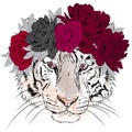 Vector tiger in a wreath of flowers. Hipster.