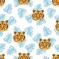 Vector tigers and tropical leaves jungle animal seamless pattern