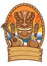 Tiki mask with ukulele and coconut