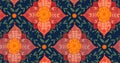 Vector tiled seamless floral pattern with folk ornament. Tiled texture with rural flat flowers composition on dark blue background